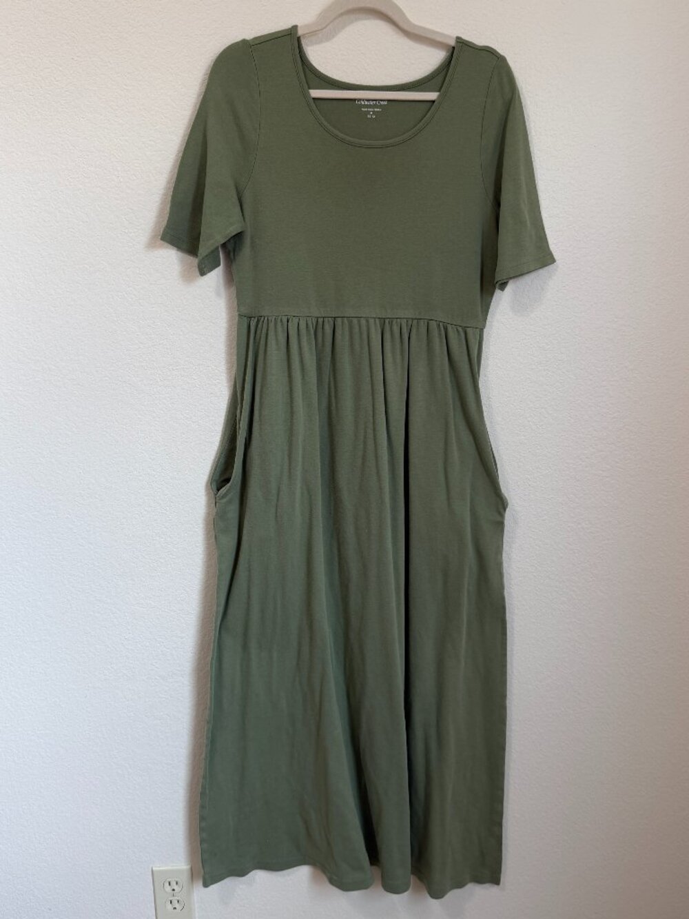 Coldwater Creek Olive Green 100% Cotton Jersey Short Sleeve Midi Dress Pockets - Picture 2 of 9
